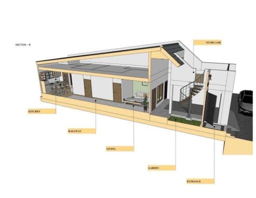 3D architectural section view of a house showing different rooms