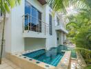 Pool area with modern building