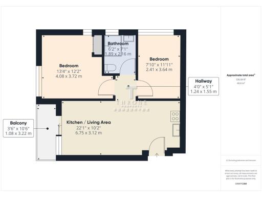 2 bedroom apartment floor plan with kitchen, living area, bathroom, hallway, and balcony