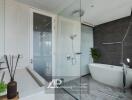 Modern bathroom with glass-enclosed shower and freestanding bathtub