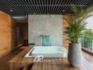 Modern luxurious bathroom with jacuzzi and indoor plants