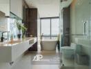 Modern bathroom with large windows, bathtub, and twin sinks