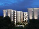 Modern apartment building illuminated at night