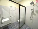 Modern bathroom with frosted glass shower partition