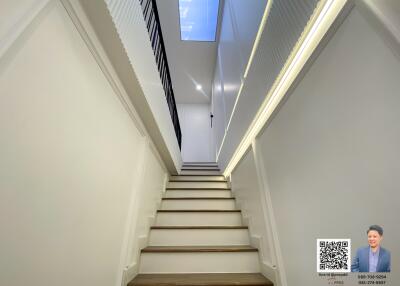 A well-lit stairway with a glass ceiling and LED lighting