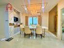 Modern dining room with chandelier and marble accents