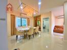 Modern dining room with chandelier and large window