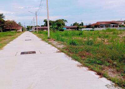 View of a paved pathway with lampposts and grass fields on either side