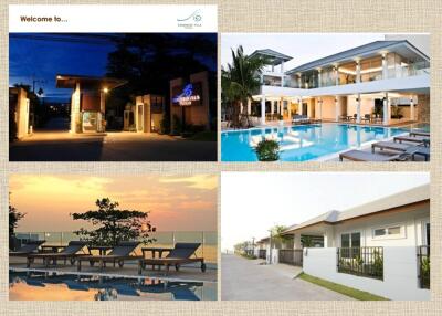 Collage of a resort featuring a swimming pool, guest houses, outdoor lounge, and illuminated entrance.