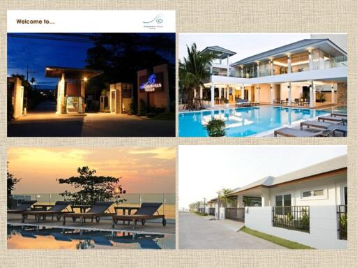 Collage of a resort featuring a swimming pool, guest houses, outdoor lounge, and illuminated entrance.