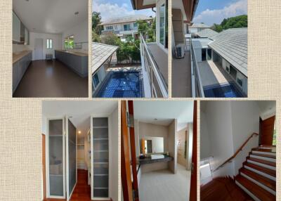 Collage of different areas in a house, including kitchen, outdoor view, bathroom, storage, and staircase