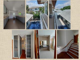 Collage of different areas in a house, including kitchen, outdoor view, bathroom, storage, and staircase