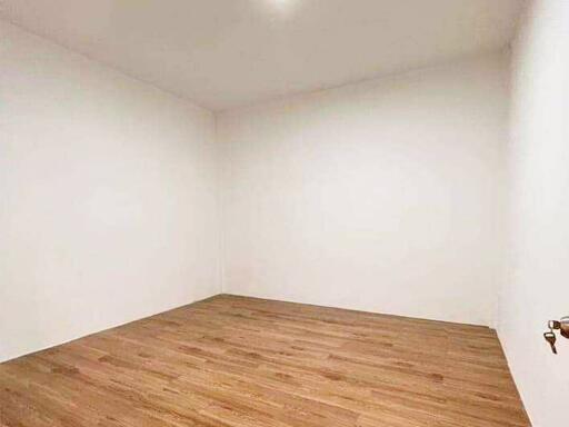 Minimalistic empty room with hardwood floors and white walls