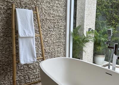 Modern bathroom with freestanding bathtub and outdoor shower