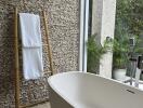 Modern bathroom with freestanding bathtub and outdoor shower