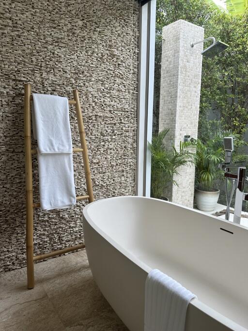 Modern bathroom with freestanding bathtub and outdoor shower