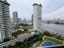 City skyline with river view from a high-rise balcony