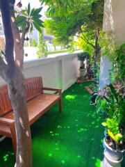 Outdoor garden with wooden bench and lush greenery