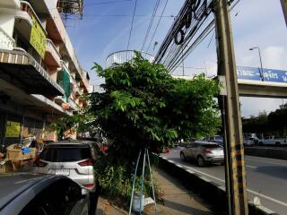 Street view with parked cars, buildings, and a tree