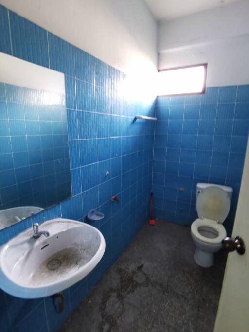 Blue-tiled bathroom with sink, toilet, and window