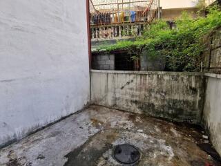 Outdoor area with concrete floor and wall, plants, and upper level terrace