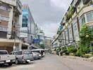 Street view of commercial and residential buildings