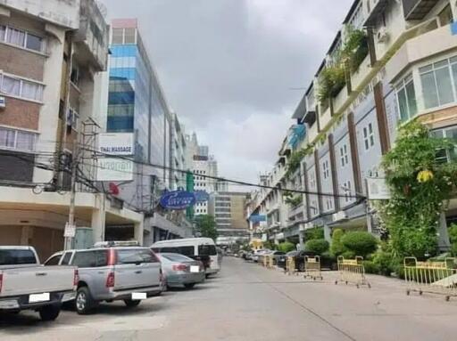 Street view of commercial and residential buildings