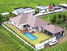 Aerial view of a house with a swimming pool and garden