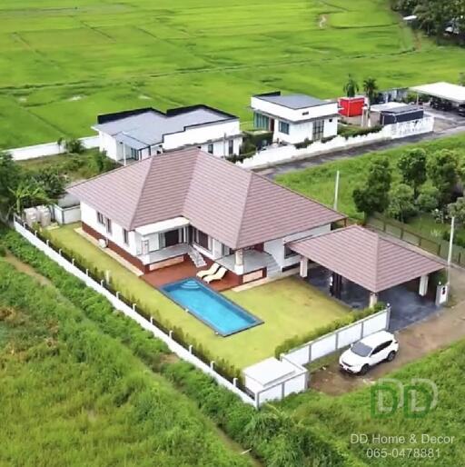 Aerial view of a house with a swimming pool and garden