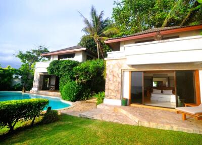 Exterior view of a modern house with pool and garden