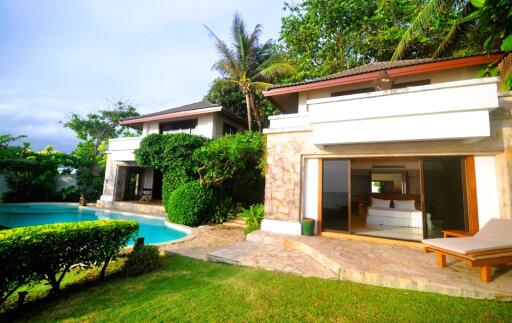 Exterior view of a modern house with pool and garden