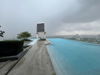 Infinity pool with cityscape background