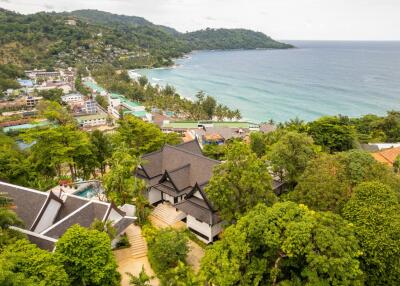 Aerial view of coastal area with buildings and greenery