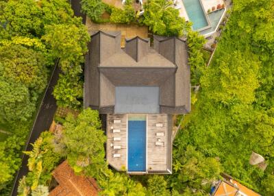 Aerial view of a building with pool surrounded by greenery