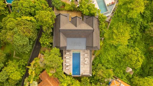 Aerial view of a building with pool surrounded by greenery