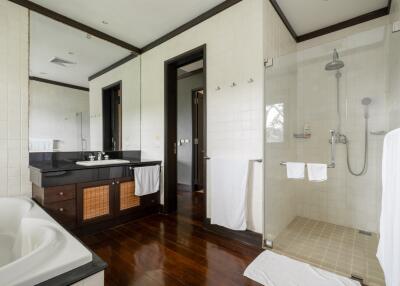 Modern bathroom with glass shower and large bathtub