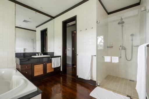 Modern bathroom with glass shower and large bathtub