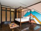 Modern bedroom with artistic wall and canopy bed