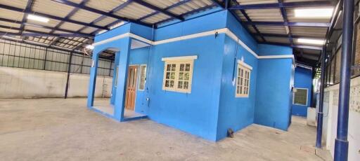 Blue building interior with exposed roof structure