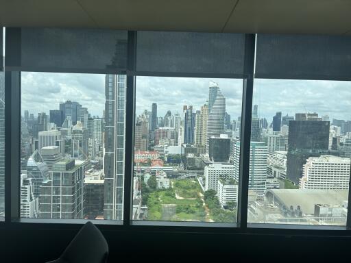 Cityscape view from a building window