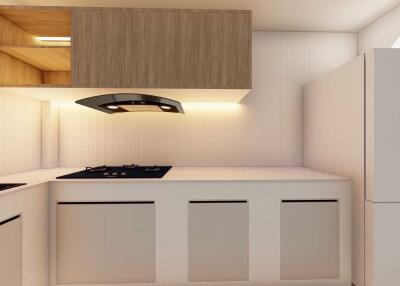 Modern kitchen with gas stove and refrigerator