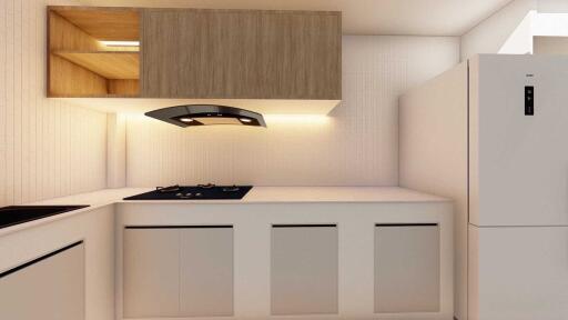 Modern kitchen with gas stove and refrigerator