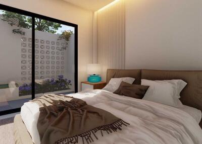 Cozy bedroom with large window and garden view