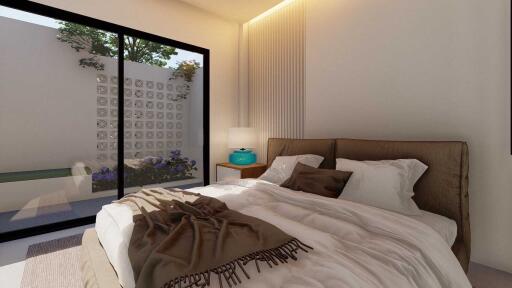 Cozy bedroom with large window and garden view