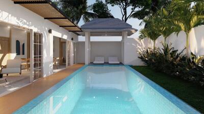 Outdoor pool area with seating and greenery