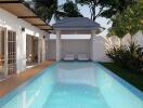 Outdoor pool area with seating and greenery