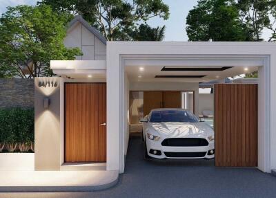 Modern house with a car garage and wooden doors