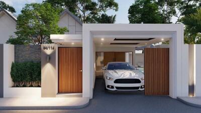 Modern house with a car garage and wooden doors