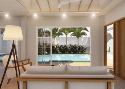 Living room view towards pool with modern decor