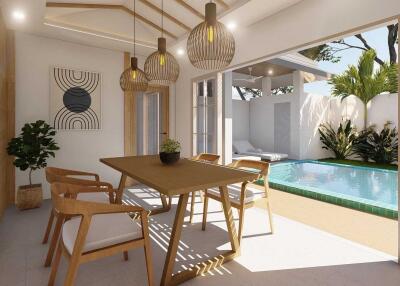 Modern dining area with view of the pool